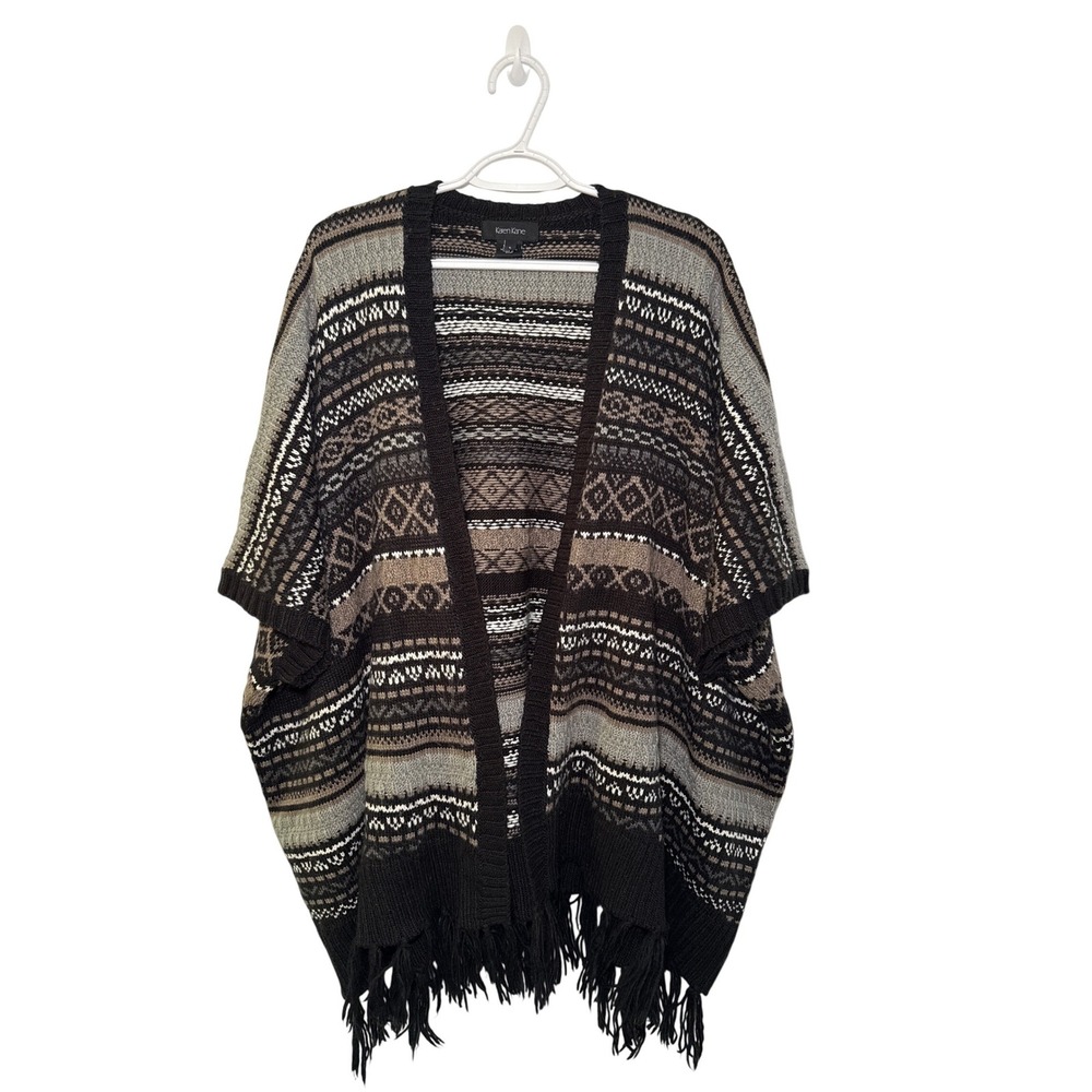 Karen Kane Womens Large Fair Isle Fringe Open Front Poncho Cardigan Sweater